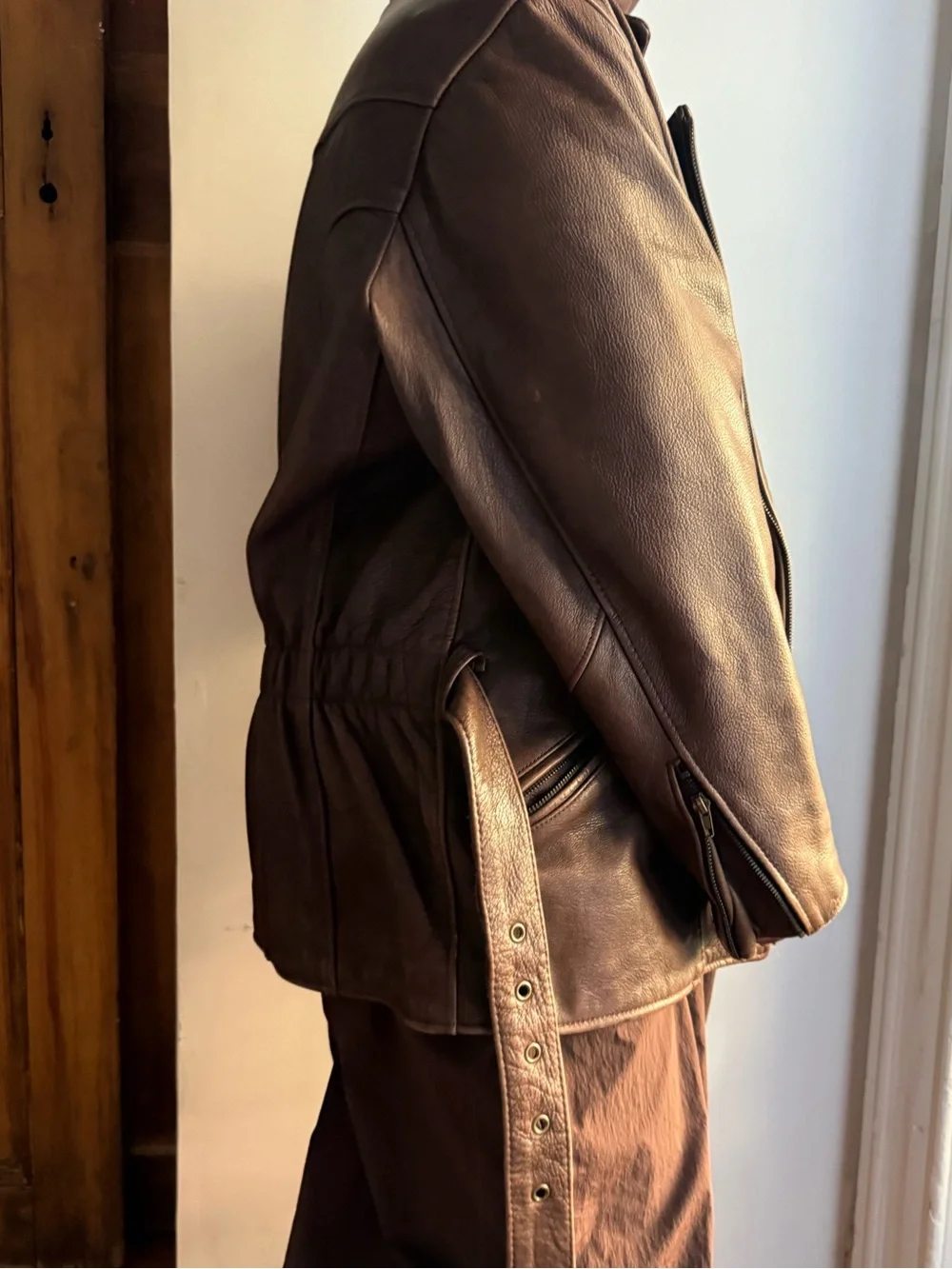 Vintage Gil Bret Brown Leather Belted Moto Jacket Distressed Biker Coat - Picture 2 of 13